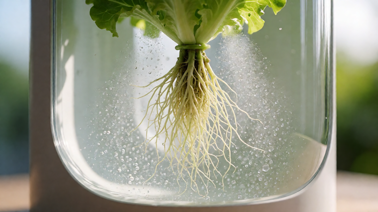 Fine mist droplets landing on bare lettuce roots inside an aeroponic misting chamber, with the timer and pump visible in the background