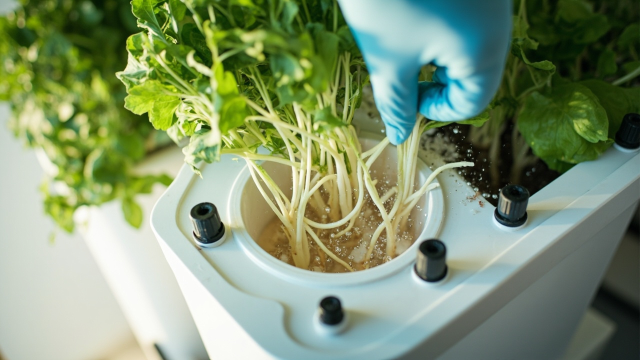 Overhead view of an aeroponic system during routine maintenance, showing mister nozzles spraying fine mist over exposed white and pale green roots in a clean root chamber