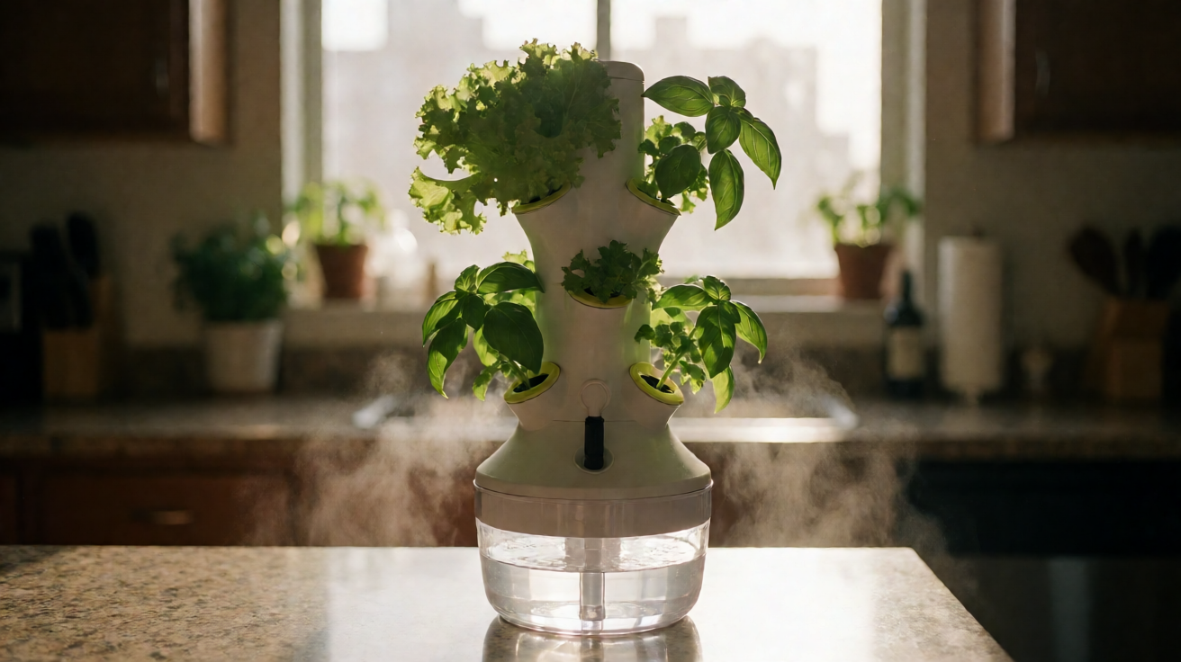 Compact aeroponic tower set up on an apartment kitchen counter with lettuce, basil, mint and microgreens growing in net pots under soft morning window light