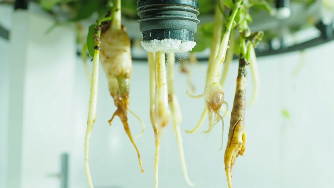 Aeroponic root chamber with visible brown root tips and a misting nozzle with mineral buildup