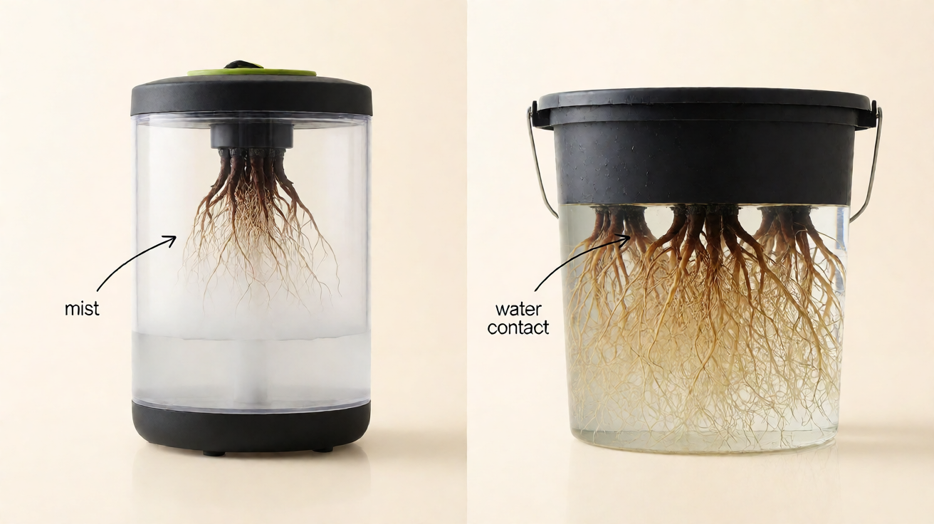 Aeroponic mist chamber and hydroponic reservoir side by side, showing the mechanism difference between the two soilless systems