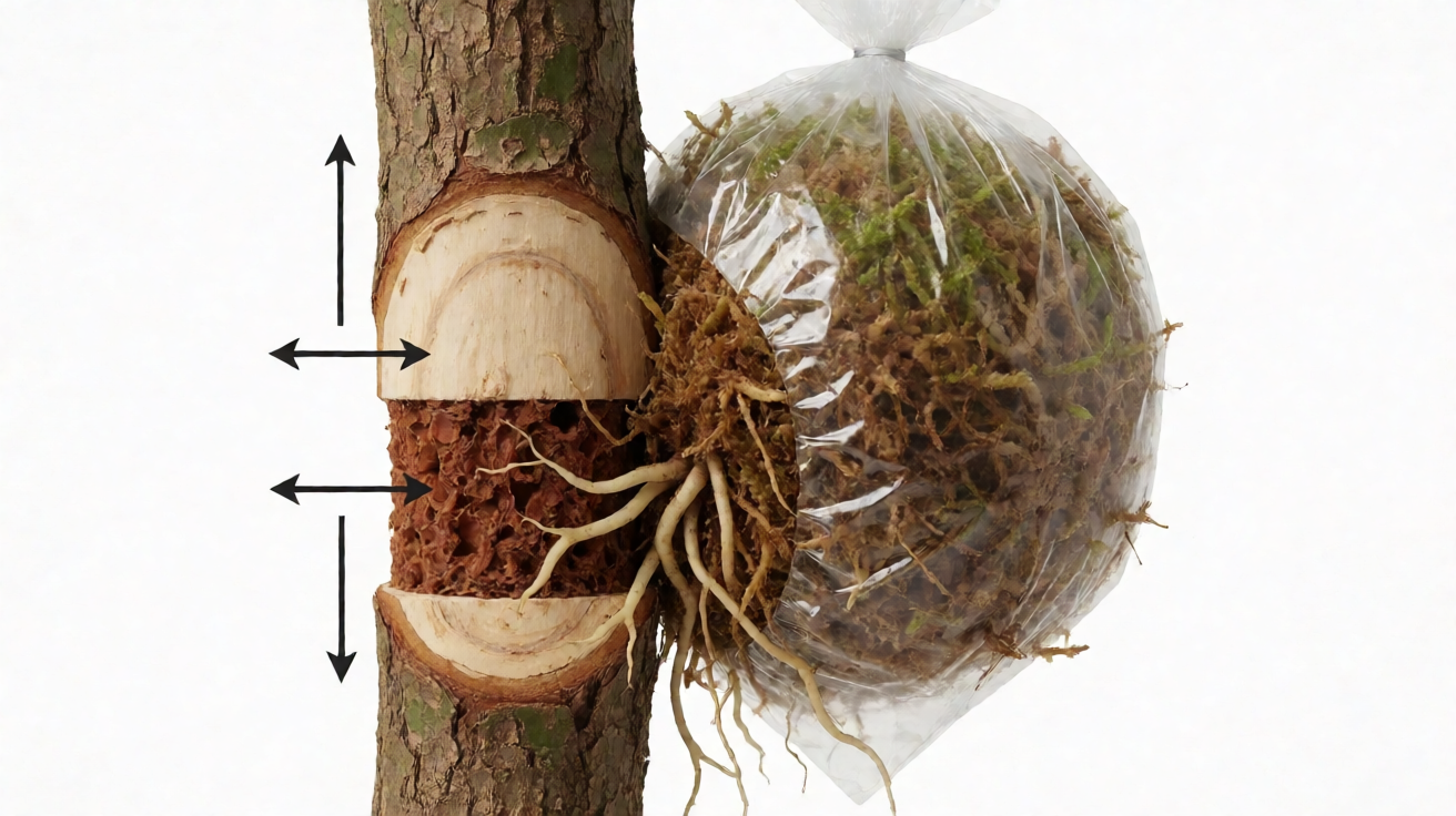 Cross-section diagram of air layering: girdle cut exposing cambium, callus formation, adventitious roots emerging into sphagnum moss ball