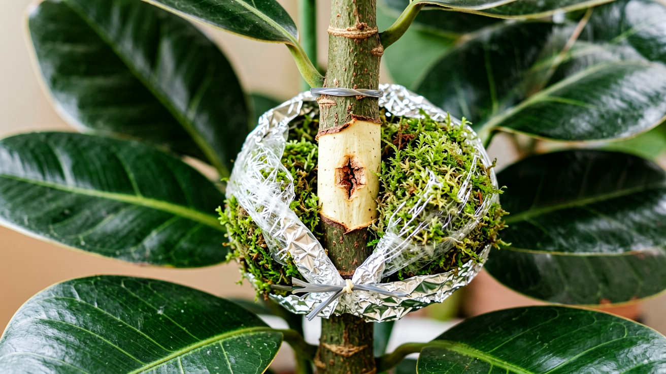 Rubber plant stem girdled and wrapped in sphagnum moss with plastic wrap and aluminum foil