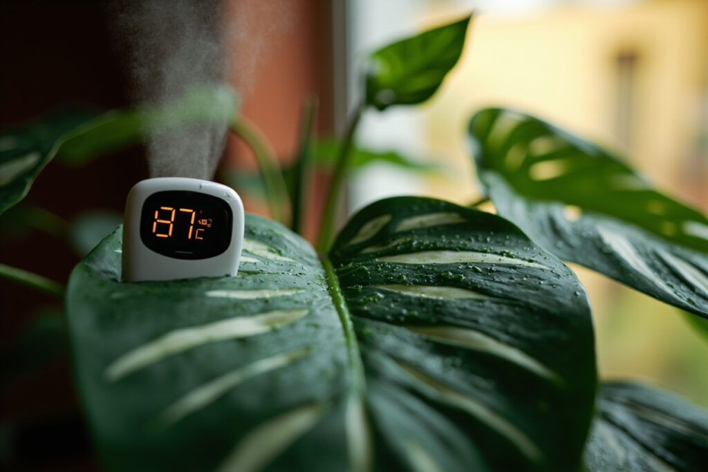 A healthy Alocasia Polly with broad green leaves in a terracotta pot on a wooden shelf beside a small digital hygrometer, soft morning light, a few water droplets on the leaves.
