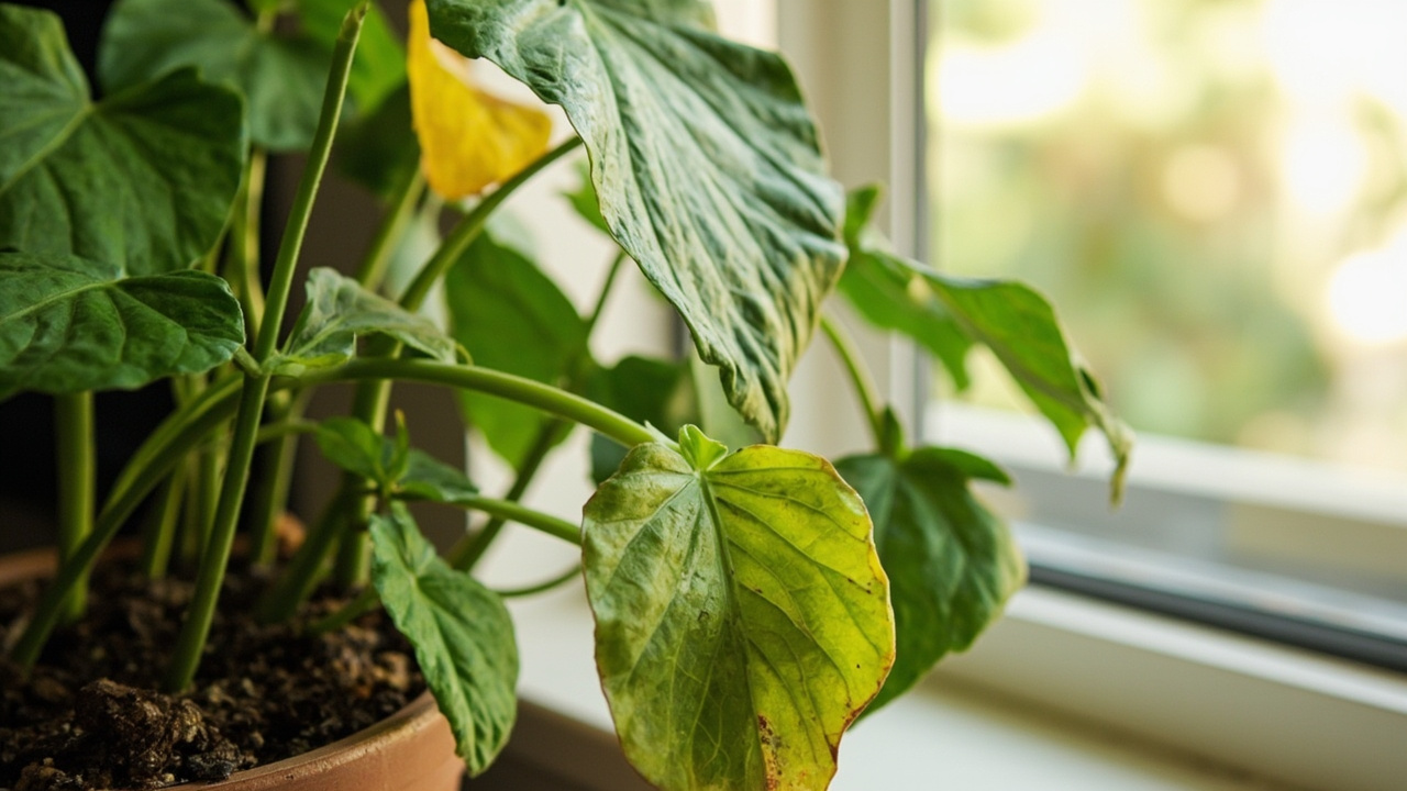 Alocasia plant with one dropped older leaf and firm remaining foliage in a pot near bright window light.