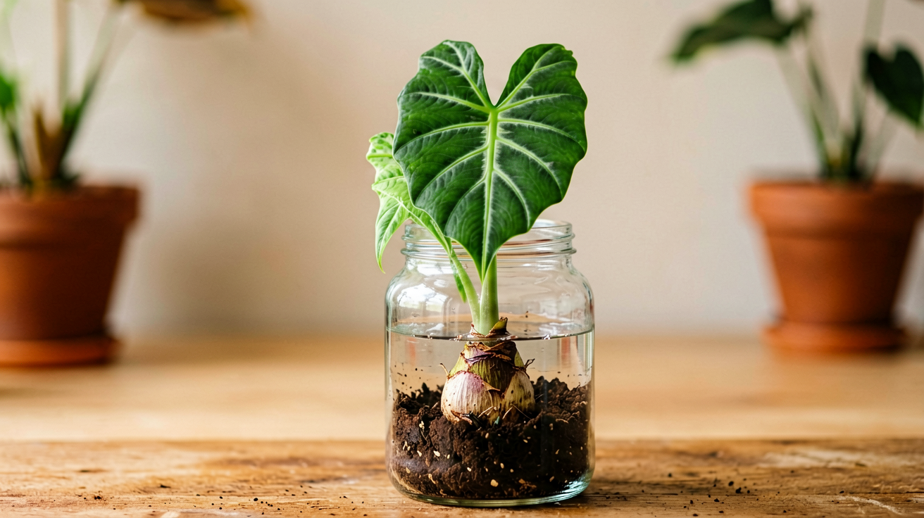 Alocasia amazonica corm with new leaf unfurling in a propagation jar
