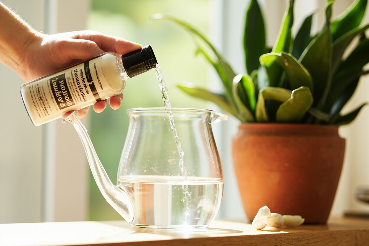 Half-strength liquid fertilizer being mixed into a watering can for a ZZ plant sitting in a bright window