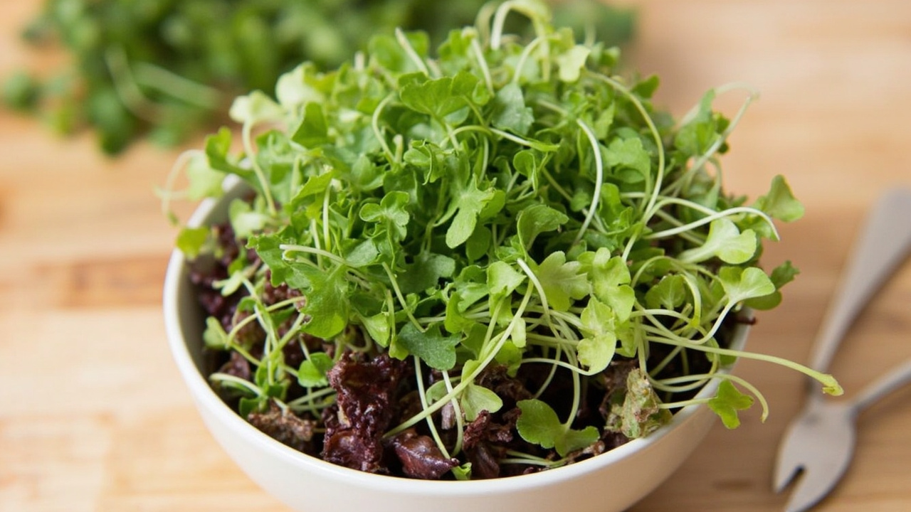 Fresh microgreens served in a bowl with vegetables.