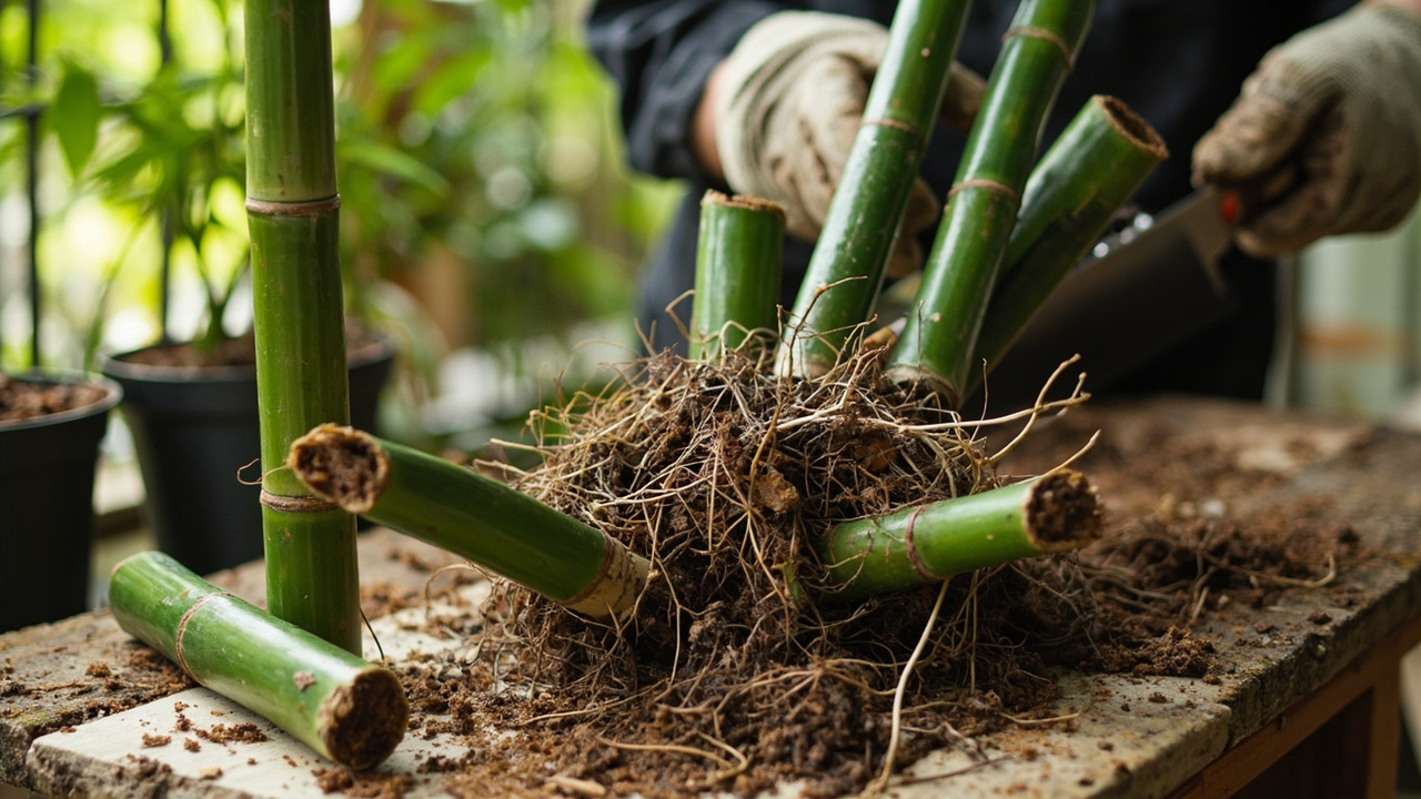 Bamboo division with rhizomes and roots ready for propagation.