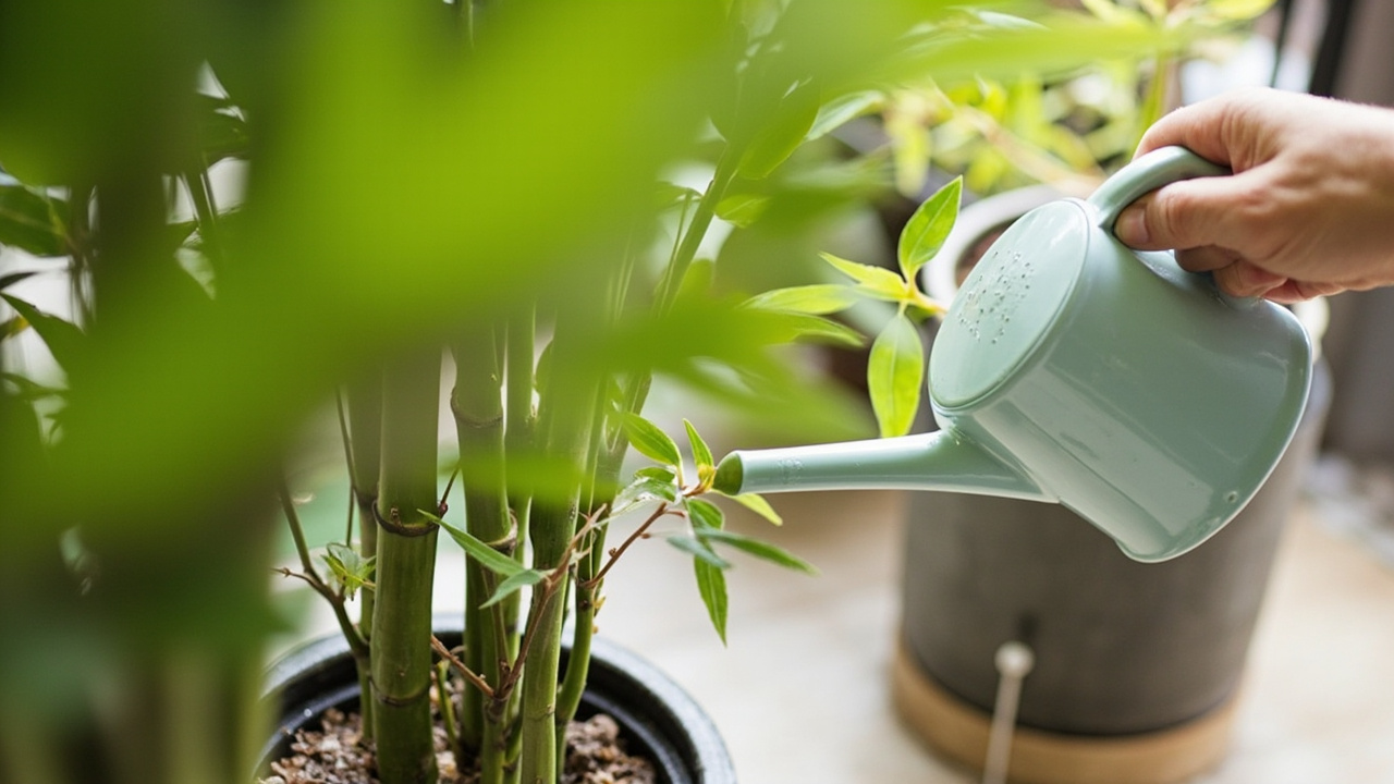 Watering potted bamboo with drainage after checking soil moisture.