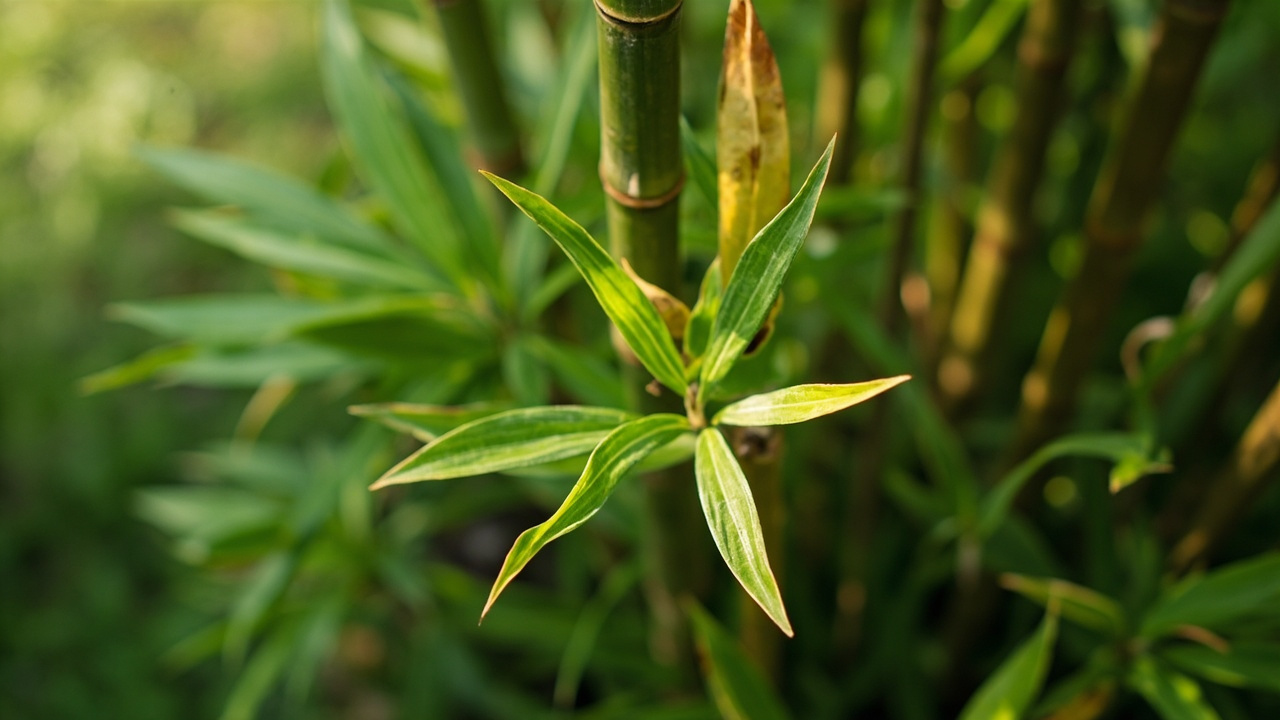 Bamboo plant with yellowing older leaves and healthy green new growth.