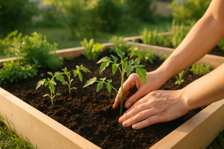 Hands planting young tomato seedlings in a raised backyard vegetable garden bed