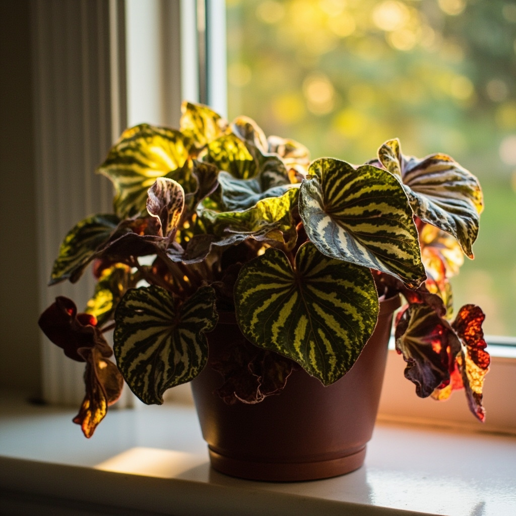 Rex begonia with vibrant spiral leaves on an east-facing windowsill bathed in soft morning light
