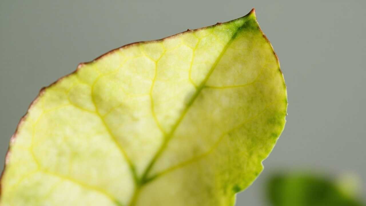 A begonia leaf turning yellow from overwatering, showing soft texture and yellow-green transition with healthy leaves in background