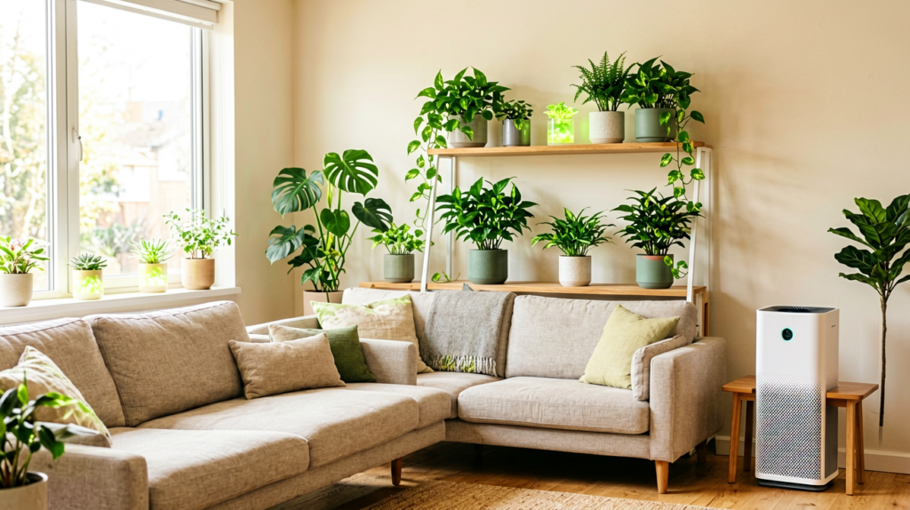 Indoor houseplants on shelves in a bright living room with a HEPA air purifier nearby