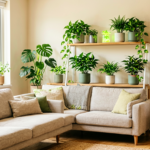 Indoor houseplants on shelves in a bright living room with a HEPA air purifier nearby