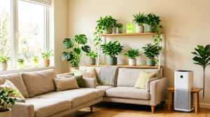 Indoor houseplants on shelves in a bright living room with a HEPA air purifier nearby