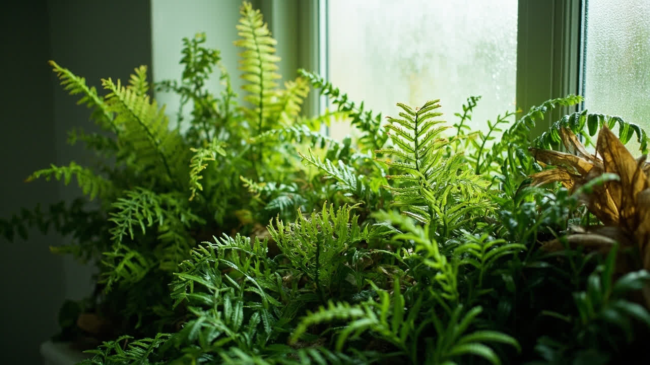 Collection of ferns in a bright bathroom with cascading fronds and lush green foliage