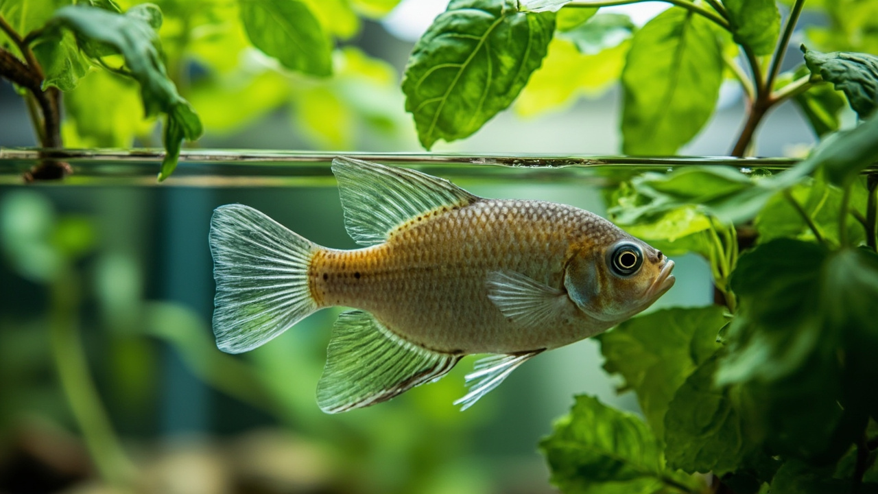 A juvenile channel catfish in a 75-gallon home aquaponic tank with basil and lettuce growing above