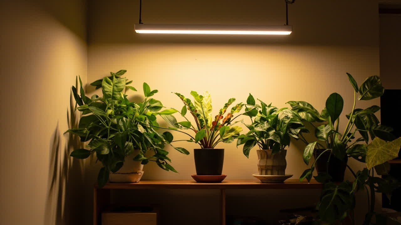 LED grow light bar above healthy indoor plants on a wooden shelf in a real home