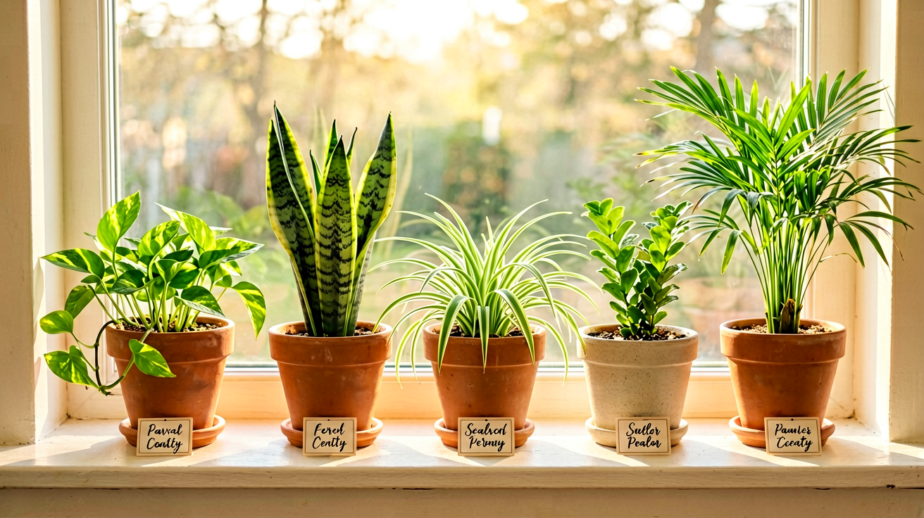 A welcoming editorial photo of a sunny windowsill with a curated line-up of 5 beginner-friendly houseplants in simple terracotta and ceramic pots, each with a small handwritten label tag.