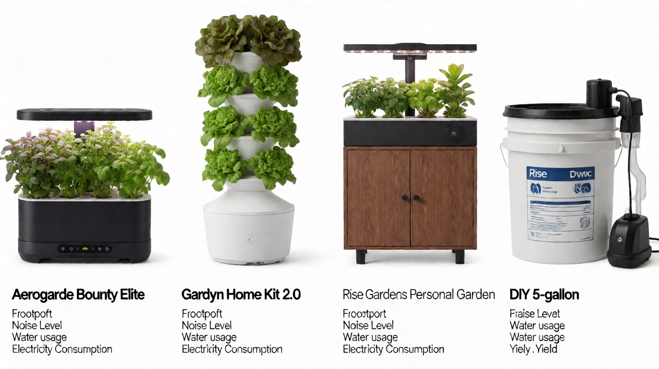 Editorial infographic of four home hydroponic systems side by side: Aerogarden Bounty Elite countertop, Gardyn Home Kit 2.0 vertical tower, Rise Gardens Personal Garden modular cabinet, DIY 5-gallon DWC bucket with labels for footprint, noise, water, electricity, and yield