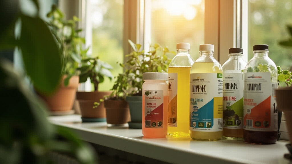 Liquid plant fertilizers and npk bottles on home shelf