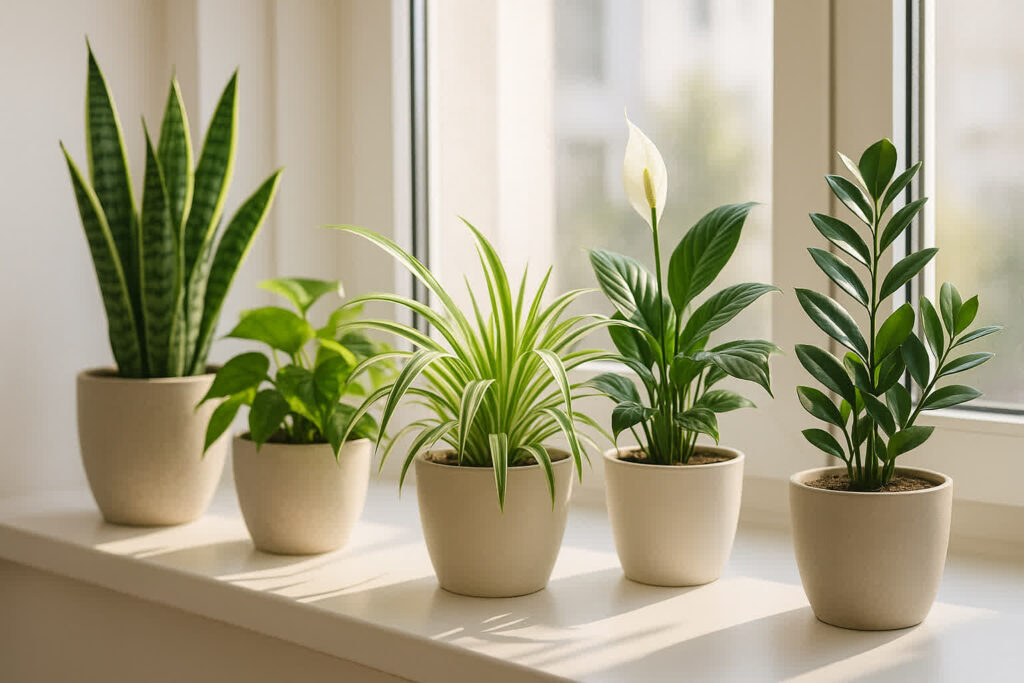 Best indoor plants for beginners including snake plant, pothos, spider plant, peace lily, and ZZ plant on a bright windowsill