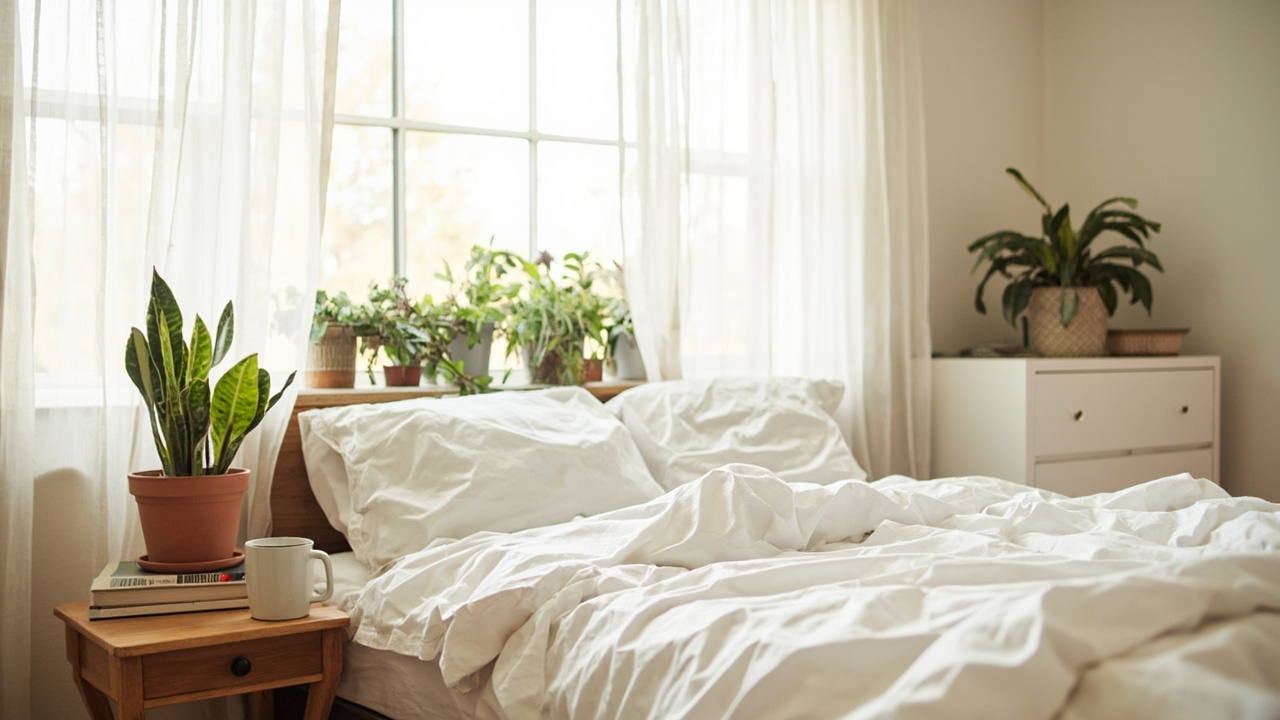 A north-facing bedroom with sheer curtains and two low-light plants — a Snake plant on the nightstand and a ZZ plant on the dresser — illustrating typical bedroom plant placement