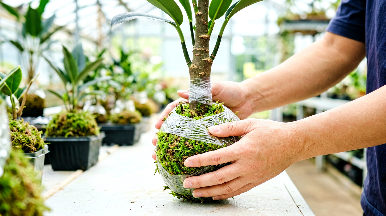 Hands wrapping a sphagnum moss ball around a woody rubber plant stem with clear plastic wrap on a greenhouse bench