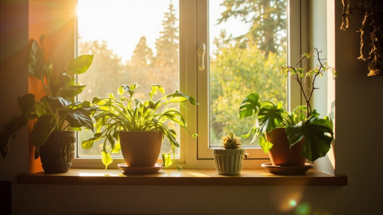 East-facing window with pothos, snake plant and spider plant in morning light