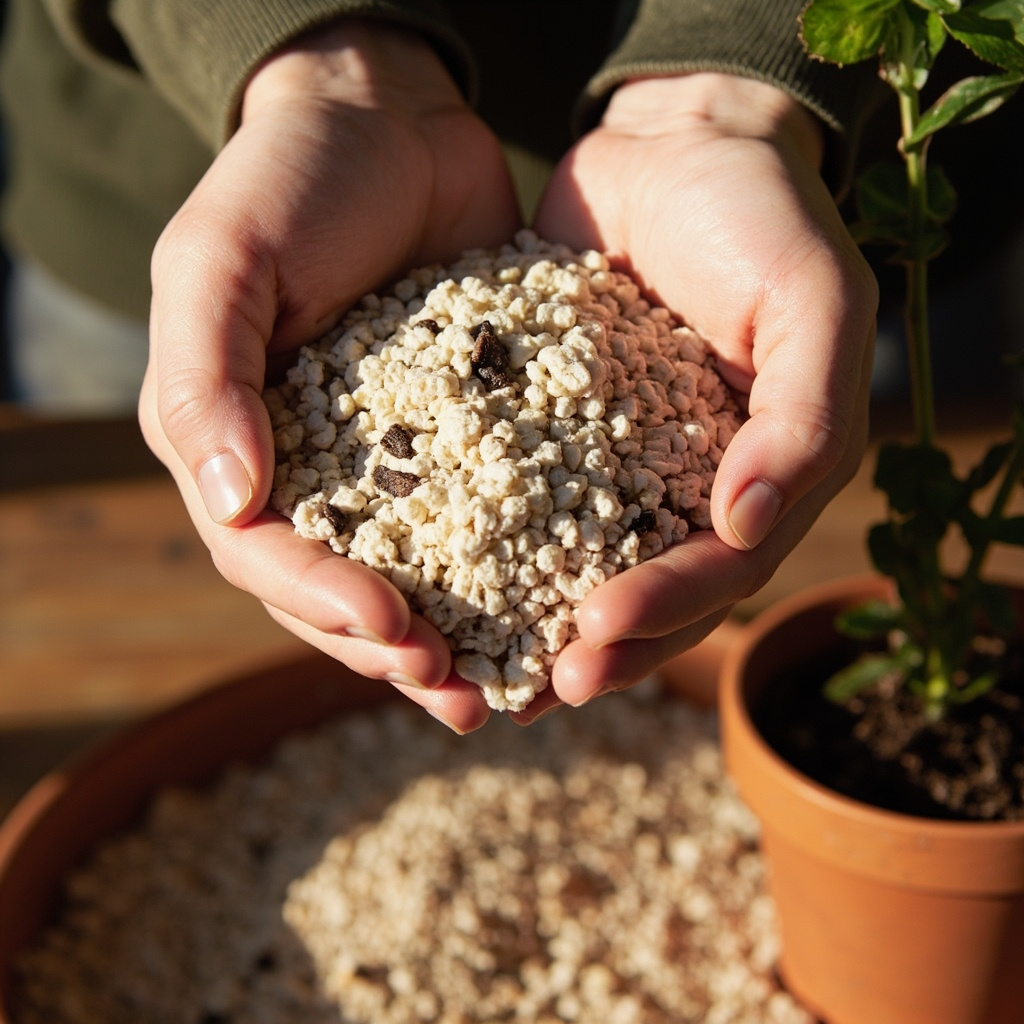 Light and well-draining begonia potting mix with visible perlite and bark particles in hands next to a terracotta pot