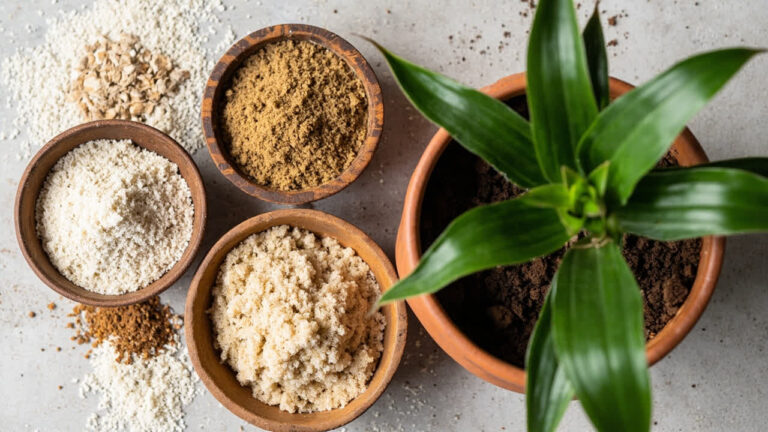 A well-draining soil mix with perlite and orchid bark in a white pot, with a healthy mass cane plant showing vibrant green leaves with yellow central stripes