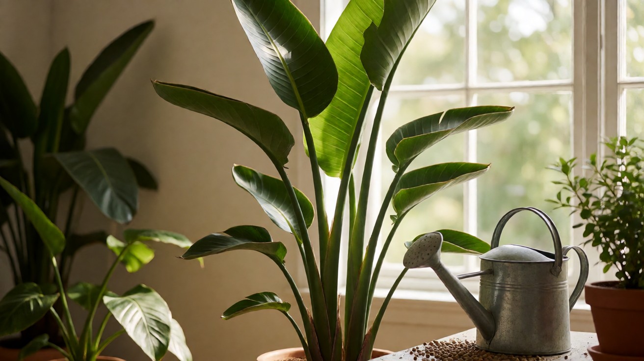 Bird of paradise plant near a watering can in a sunny indoor setting