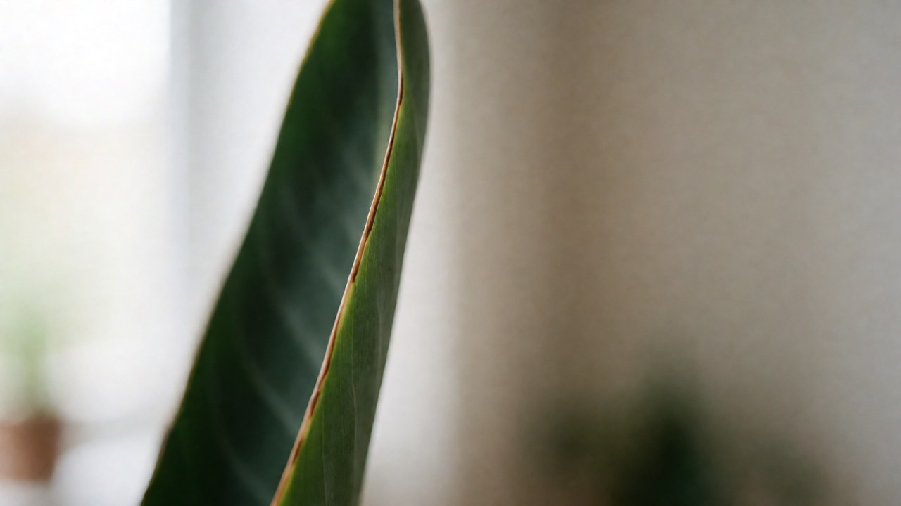 Close-up of a Strelitzia leaf edge with a thin tan-brown rim, indicating low humidity