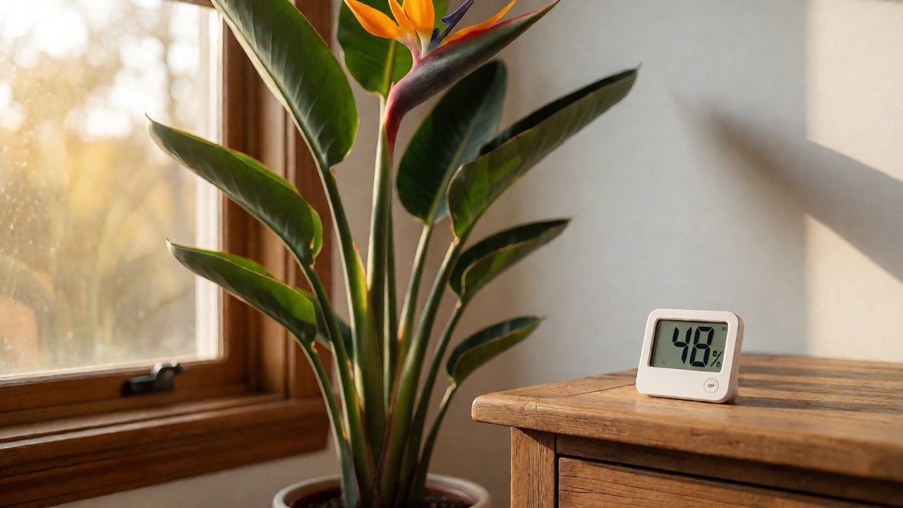 Bird of paradise plant near a window with a hygrometer showing 48 percent humidity