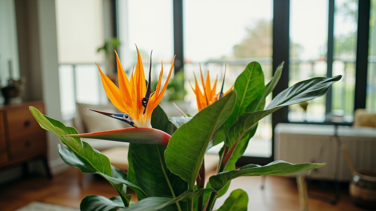 Bird of Paradise plant in a bright living room near a window, showing the scale and context of growing Strelitzia indoors