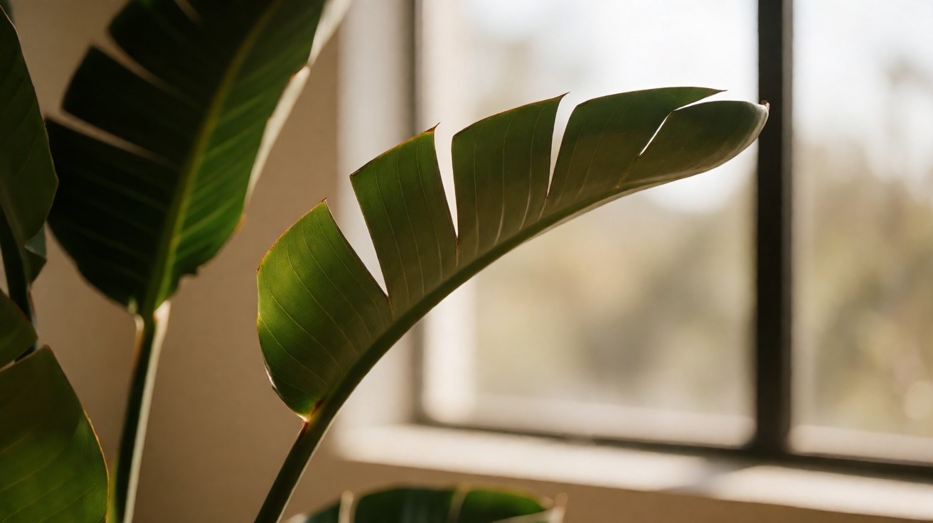 Bird of paradise plant with natural leaf splitting, indoor magazine cover photograph