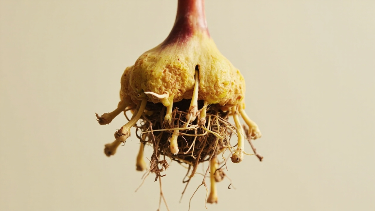 Bird of Paradise root ball exposed after removal from pot, showing offset crowns with developing root systems ready for division