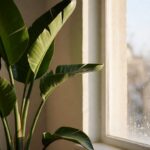 Bird of paradise plant near a window with slight leaf curl from cold