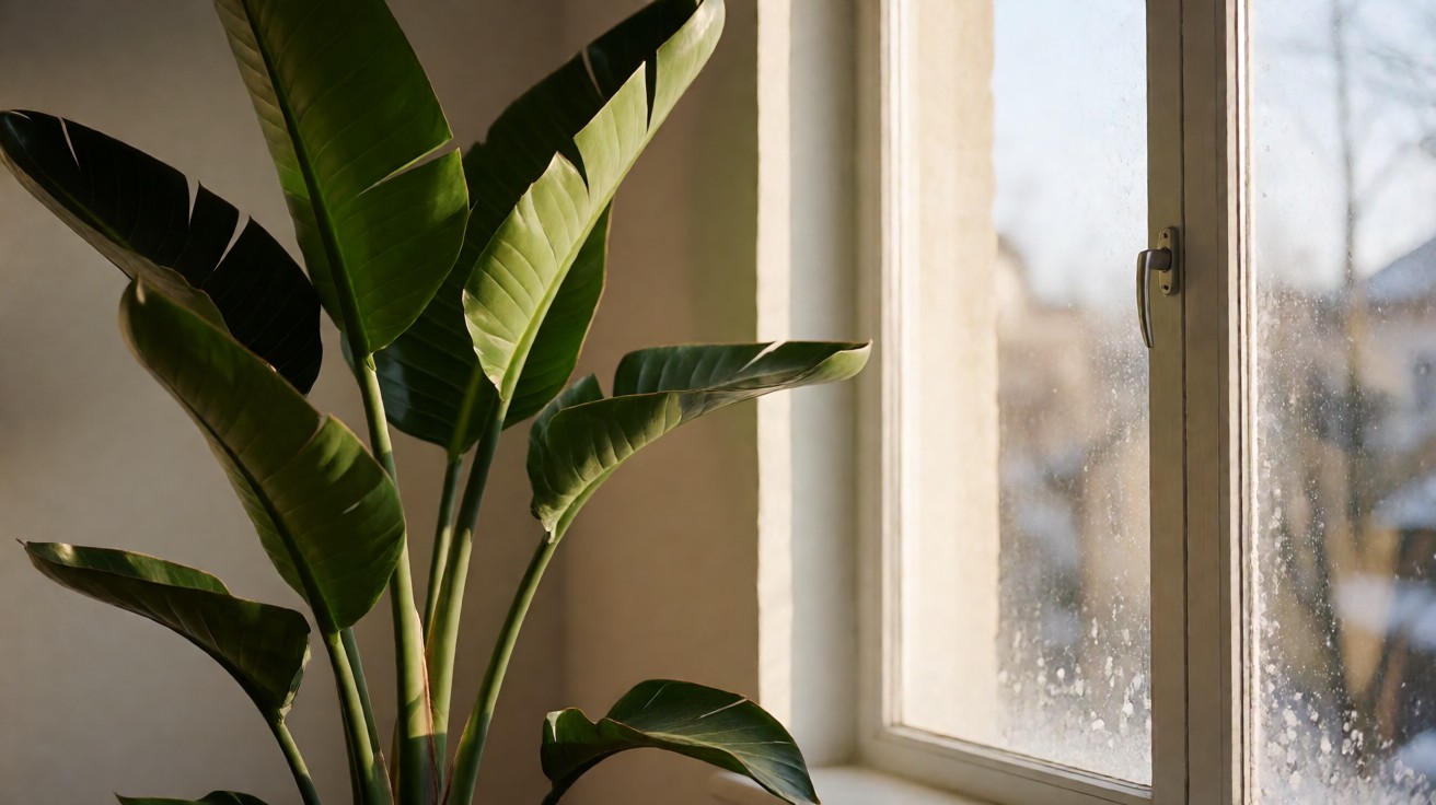 Bird of paradise plant near a window with slight leaf curl from cold