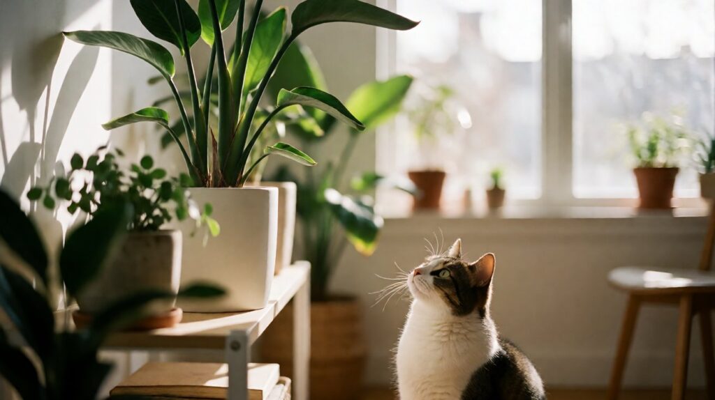 Bird of Paradise plant on a shelf out of reach of a curious cat
