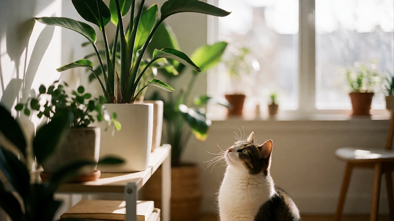 Bird of Paradise plant on a shelf out of reach of a curious cat