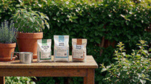 Three bags of fertilizer lined up on a potting bench with a measuring cup