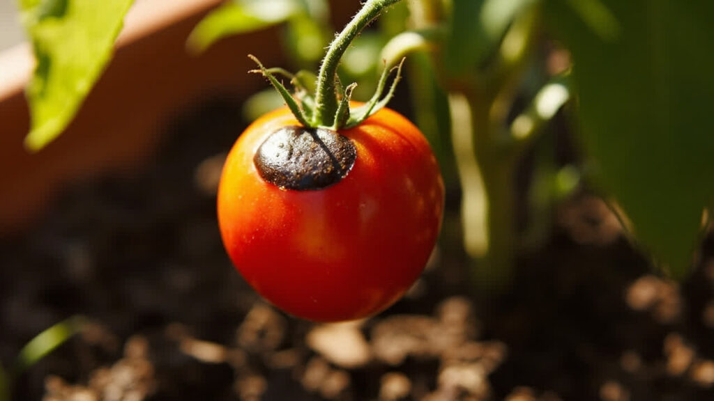 A tomato with blossom end rot showing dark leathery sunken patch on the bottom