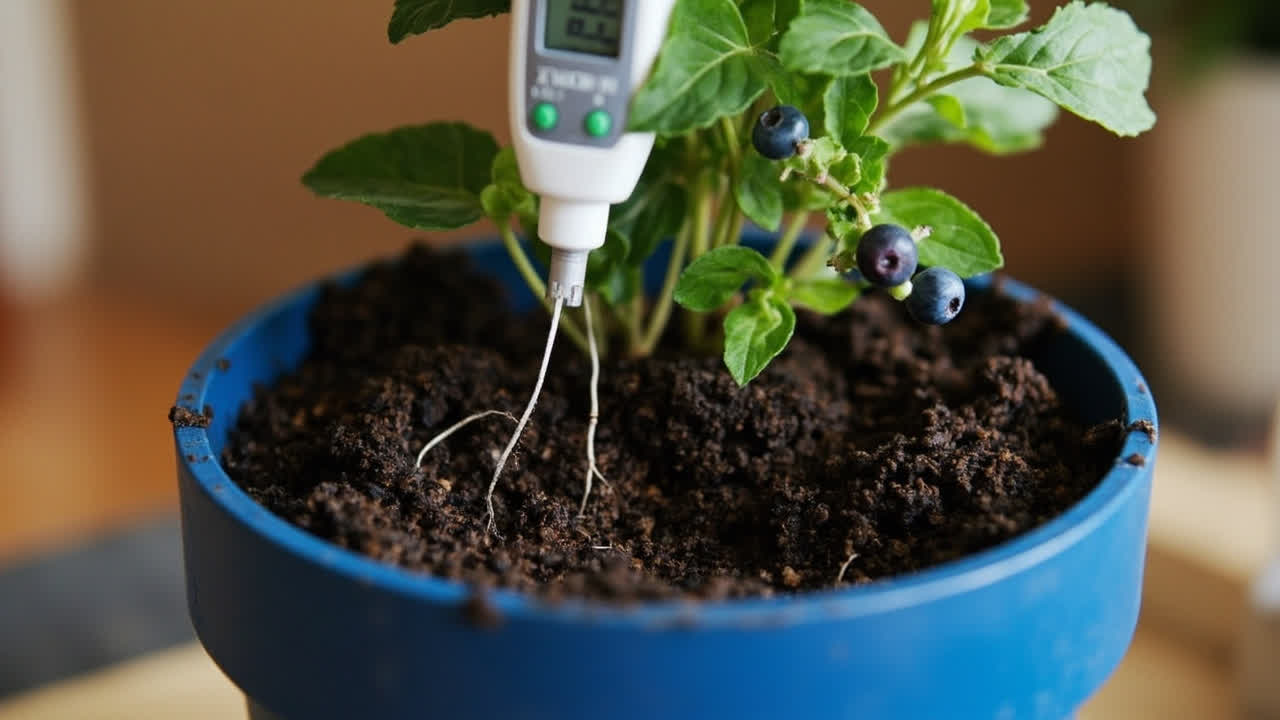 Soil pH meter inserted into acidic container mix for blueberry plant