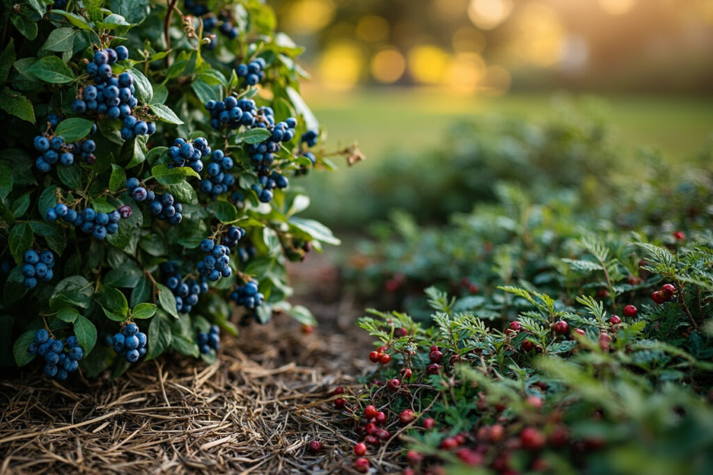 Mature blueberry shrub next to low cranberry mat