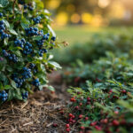 Mature blueberry shrub next to low cranberry mat
