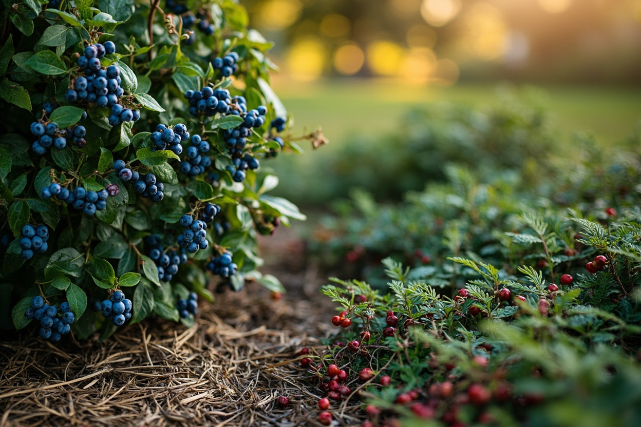Mature highbush blueberry shrub next to a low cranberry mat showing the size and form contrast between the two Vaccinium species
