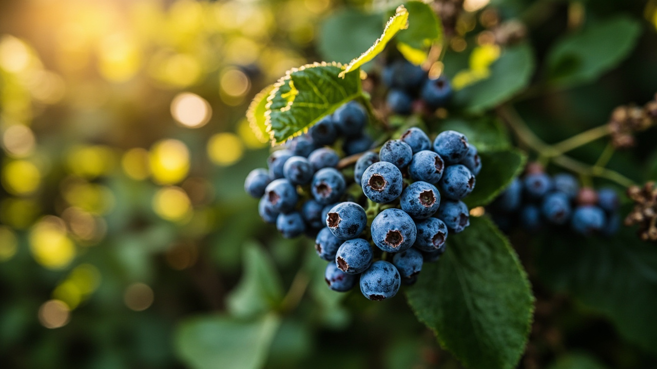 Bluecrop blueberry bush heavy with ripe berries in summer garden